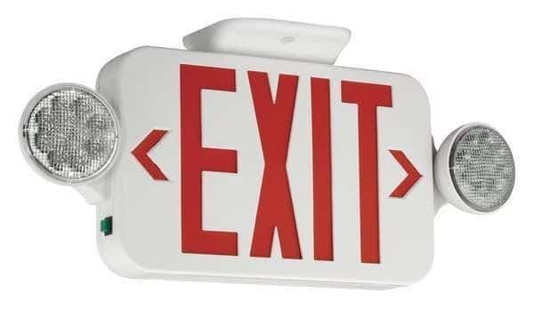 Exit Sign with Emergency Lights, 7 1/4 in H x 18 in W, White/Red, 2 Faces, Wall/Ceiling Mounting