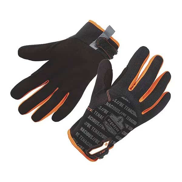 Mechanics Gloves, Synthetic Leather Palm, L, Black/Orange