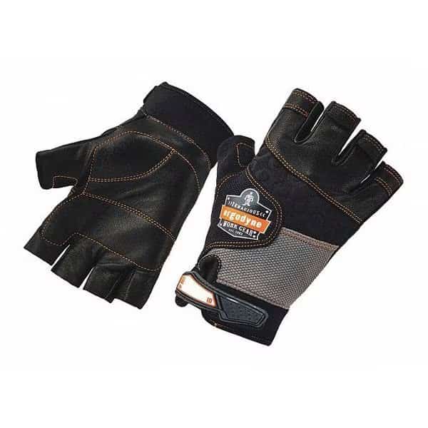 Half Finger Mechanics Impact Gloves, Genuine Leather Palm, M, Black