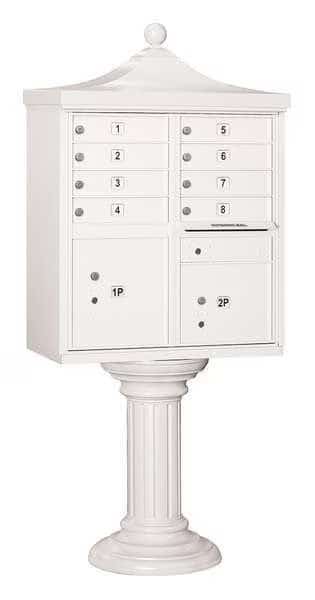 Regency Cluster Box Unit, White, Powder Coated, 8 Doors, Pedestal, USPS Access, SALSBURY INDUSTRIES, Mfr# 3308R-WHT-U