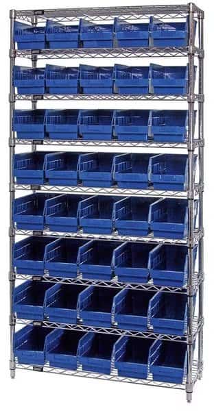 polypropylene Bin Shelving, 12 in D x 74 in H x 36 in W, 9 Shelves, Blue