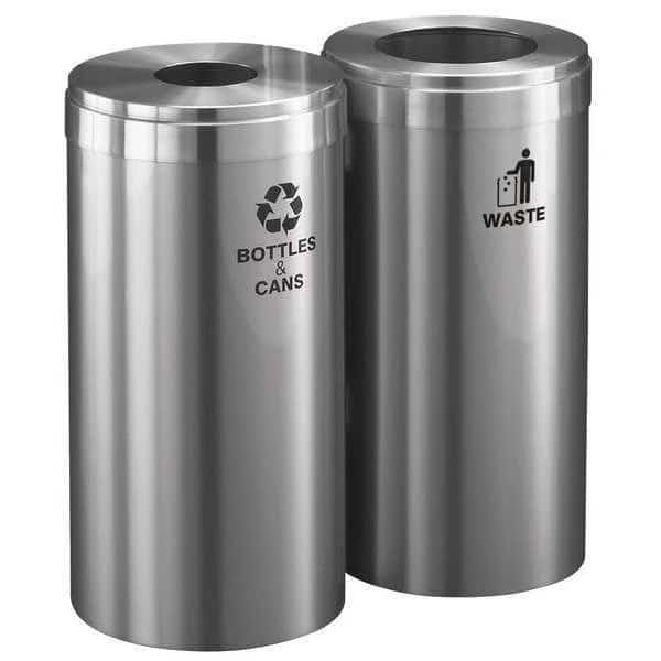23 gal Round Recycling Bin, Open Top, Satin Aluminum, Aluminum, 2 Openings, GLARO, Mfr# 1542-2SA-SA-B&C/W