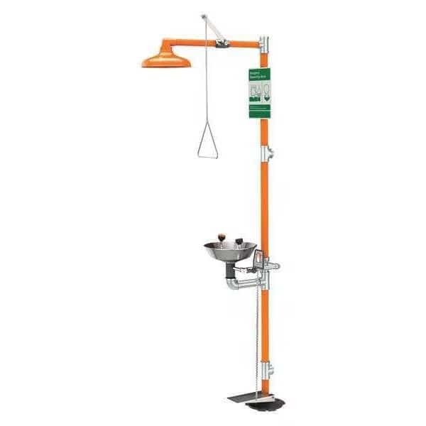 Shower with Eyewash, Floor Mount, Galvanized Steel Pipe, 94 3/4 in H, Stainless Steel Bowl, Orange