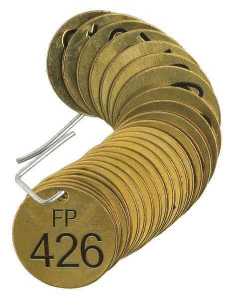 Numbered Tag, Brass, 1 1/2 in H x 1 1/2 in W, 1 1/2 in Dia., Brass, Round, 25 PK