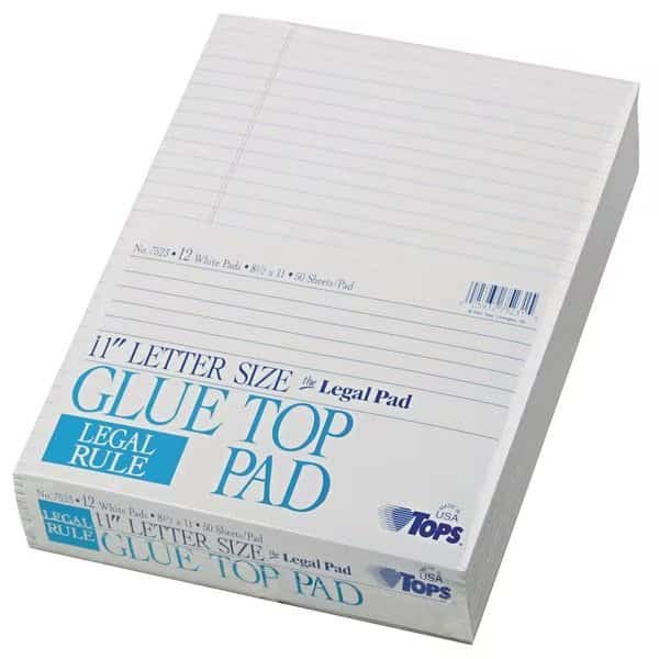 8-1/2" x 11" Legal Pad, White, Glue Top, PK12