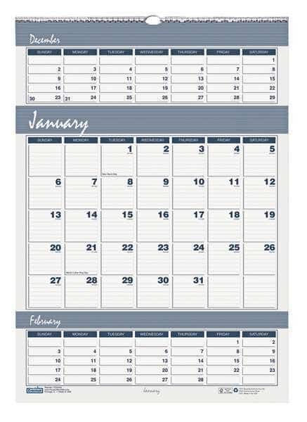 15-1/2 x 22" Wall Calendar, Wirebound Three-Months, Blue/Gray, HOUSE OF DOOLITTLE, Mfr# HOD343