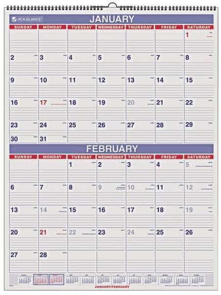 Two-Month Wall Calendar, 22 x 29, White/Blue/Red Sheets, 12-Month (Jan to Dec): 2025