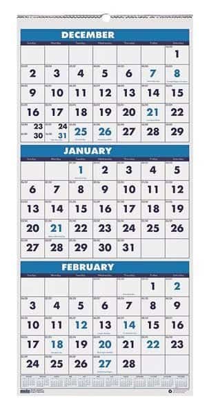 12-1/4 x 27" Three-Month Format Wall Calendar, White