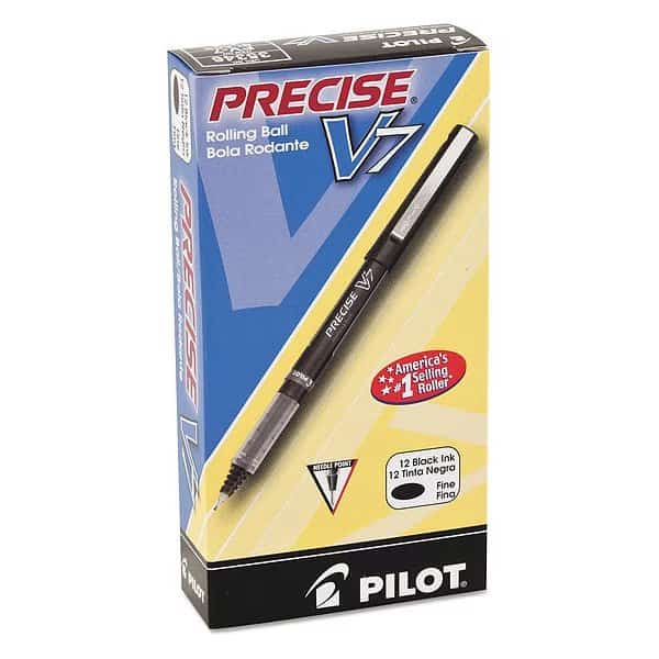 Precise V7 Rollerball Pen, Stick, Fine 0.7 mm, Black Ink, Black/Clear Barrel, PK12