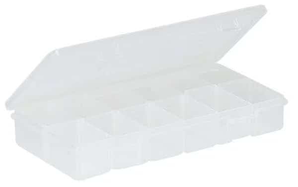 Adjustable Compartment Box with 6 to 12 compartments, Plastic, 1 3/8 in H x 4-1/4 in W