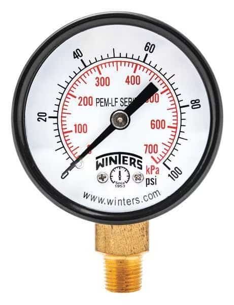 Lead-Free Pressure Gauge, 0 to 100 psi, 2 in Dial, 1/8 in NPT, Bottom Location, Steel Case Material