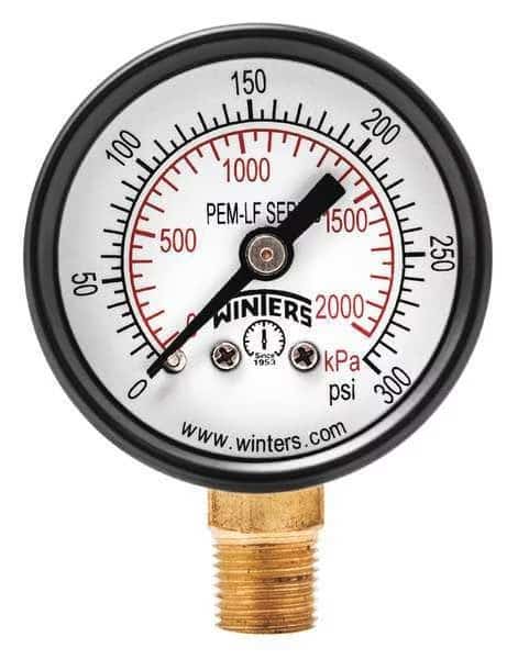 Lead-Free Pressure Gauge, 0 to 300 psi, 1 1/2 in Dial, 1/8 in NPT, Bottom Location