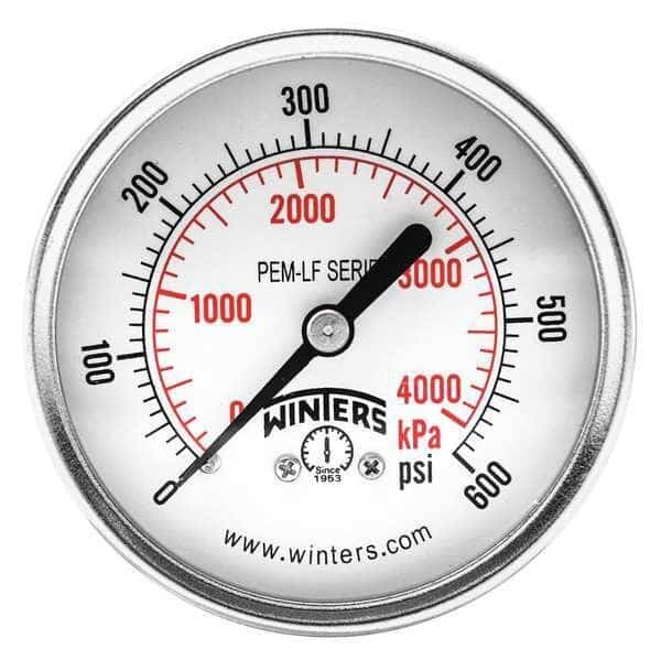 Pressure Gauge, 0 to 600 psi, 2 1/2 in Dial, 1/4 in NPT Center Back Location, Steel Case Material