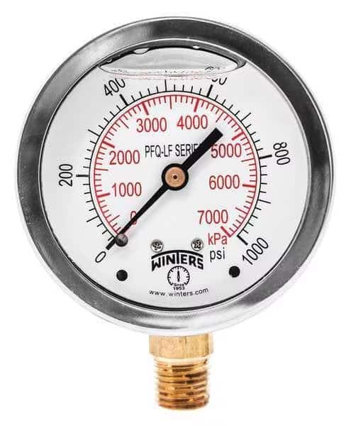Lead-Free Pressure Gauge, 0 to 1,000 psi, 2 1/2 in Dial, 1/4 in NPT, Bottom Location