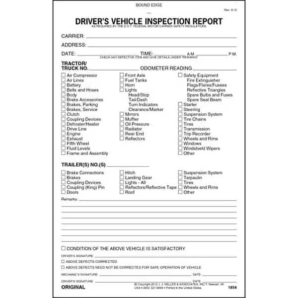 Driver Vehicle Inspection Form, Carbonless, 5 1/2x8 1/2 in, 2 Plies, Tractor/Trailer/Truck, 31 Sets
