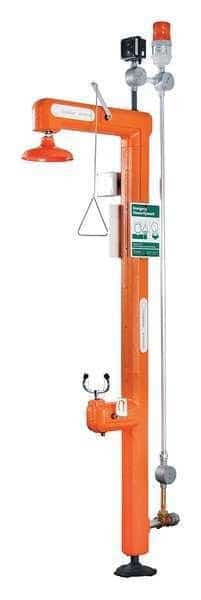 Shower with Eyewash, Floor Mount, Galvanized Steel Pipe, 114 in H, No Bowl Bowl, Orange