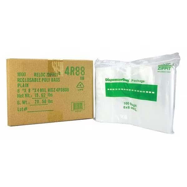 Reclosable Bag, Zip Seal, 8 in L, 8 in W, 4 mil Thick, Polyethylene, Clear