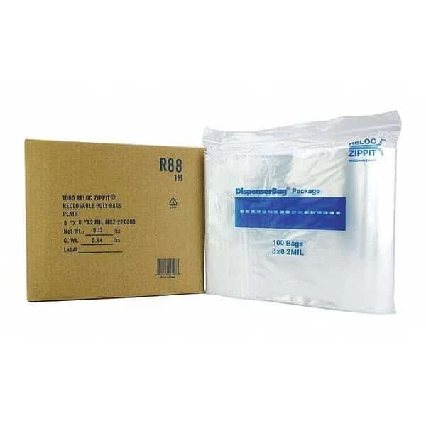 Reclosable Bag, Zip Seal, 8 in L, 8 in W, 2 mil Thick, Polyethylene, Clear