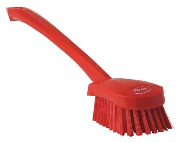 2 3/4 in W Scrub Brush, Stiff, 11 51/64 in L Handle, 4 1/2 in L Brush, Red, Plastic