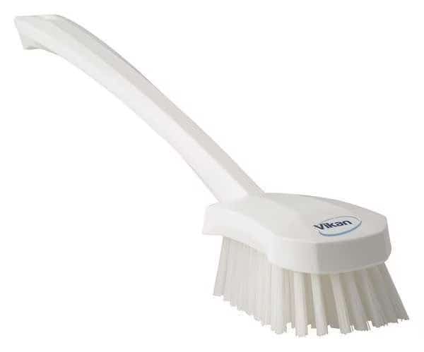 2 3/4 in W Scrub Brush, Stiff, 11 51/64 in L Handle, 4 1/2 in L Brush, White, Plastic