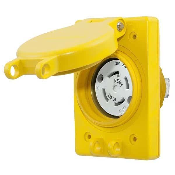Watertight Flanged Locking Receptacle, L15-30R, 30 A, 250V AC, Three Phase, 3 Pole, Flush Mount