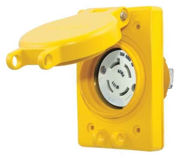 Watertight Flanged Locking Receptacle, L17-30R, 30 A, 600V AC, Three Phase, 3 Pole, Flush Mount