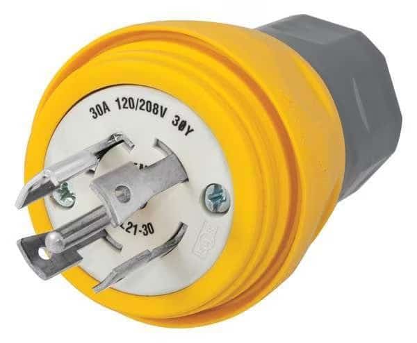 Watertight Locking Plug, L21-30P, 30 A, 120/208V AC, Three Phase, 4 Pole, Screw Terminals, Yellow