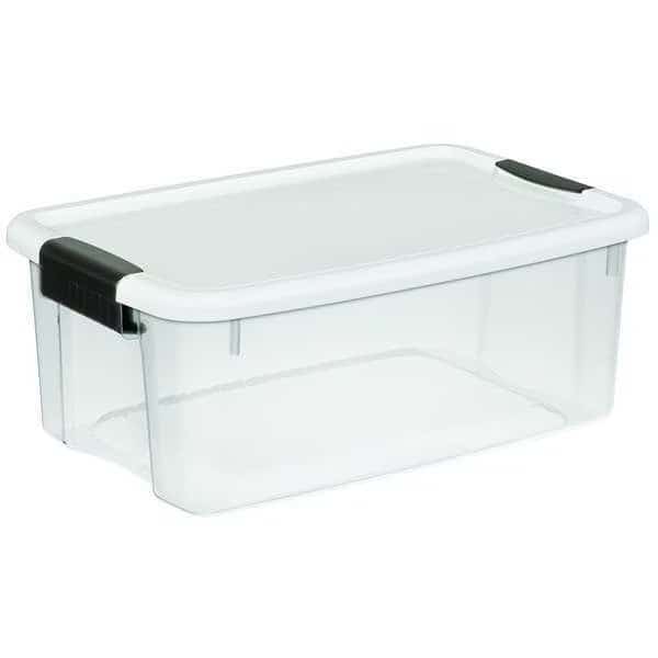 Storage Tote W/ Lid, 4.5 gal, 18-1/8 in L, 12-1/4 in W, 7 in H, Clear, White, Polypropylene