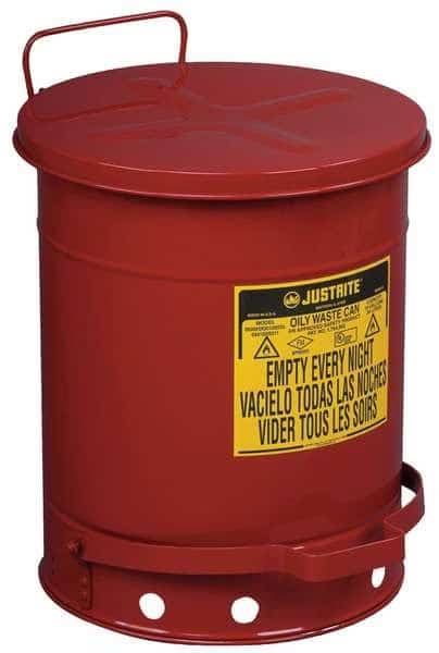 Oily Waste Can, 10 Gallon Capacity, Galvanized Steel, Red, Foot Operated Self Closing
