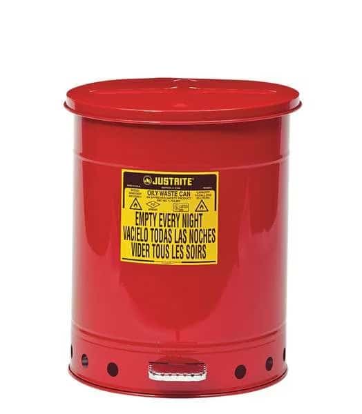 Oily Waste Can, 14 Gallon Capacity, Galvanized Steel, Red, Foot Operated Self Closing