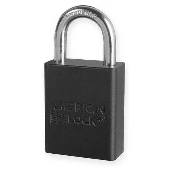 Anodized Aluminum Safety Padlock, Keyed Different, 1-1/2 in Wide with 1 in Tall Shackle, Black