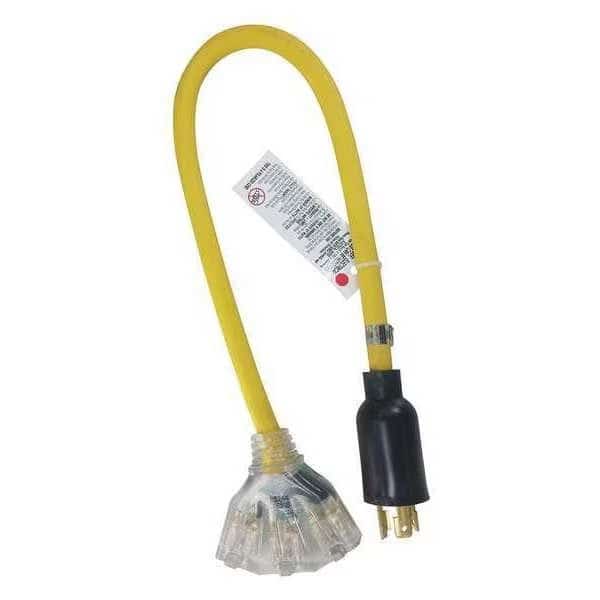 STOW Extension Cord Adapter, 12 AWG, Outdoor, 12/3, 3 Outlets, 5-15R, Yellow, PVC, L5-20P, 2 ft