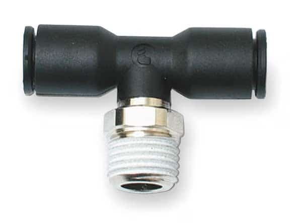 Push-Fit Tee Fitting, 8mm Tube Size, Fiberglass-Reinforced Nylon, Black, 10 PK