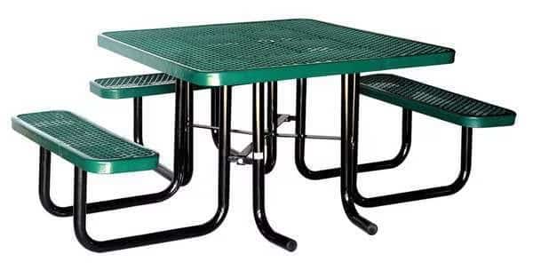 Square Picnic Table, Green, Expanded Metal, 3 Seats, 80 in L, 29 5/8 in H Overall Diamond Mesh