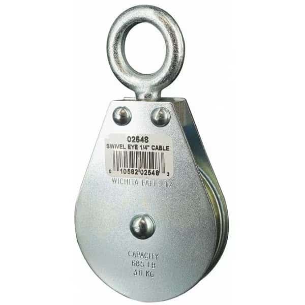 Pulley Block, Wire Rope, 1/4 in Max Cable Size, 685 lb Max Load, Zinc Plated