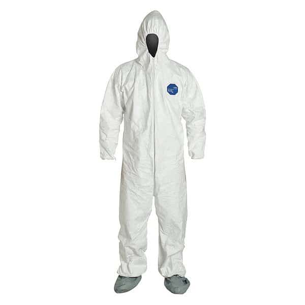 Tyvek 400 Hooded Disposable Coverall, Attached Skid-Resistant Boots, Elastic Wrist, Medium, White