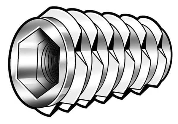 Hex Drive Threaded Insert, M8-1.25 Int Thrd Sz, 33/64 in L, 14.3 mm Dia., Zinc Alloy, Plain, 500 PK