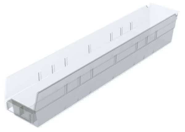 Shelf Storage Bin, Plastic, Clear, 4 in H, 4 1/8 in W, 23 5/8 in L
