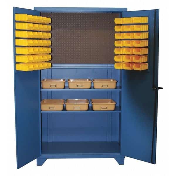 Industrial Pegboard Bin Cabinet, Shelving, 84 in H, 48 in W, 24 in D, 62 Bins, 2 Shelves