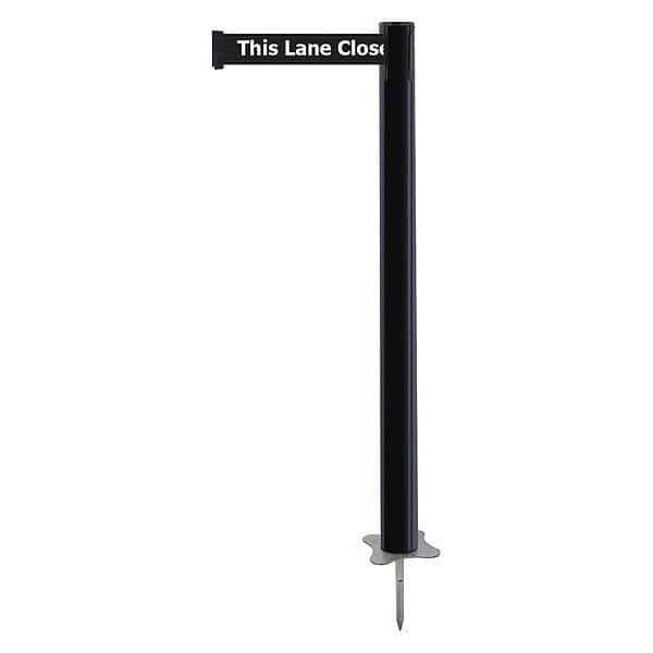 Barrier Post with Belt, Black, 7 1/2 ft Length, 43 in Post Height, This Lane Closed, Unfinished