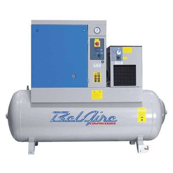 BelAire 15 HP 132 Gallon 150 PSI Screw Compressor w/Dryer, 47 CFM at MAX/150 PSI, 208-230/460V 3Ph, 68 dBA