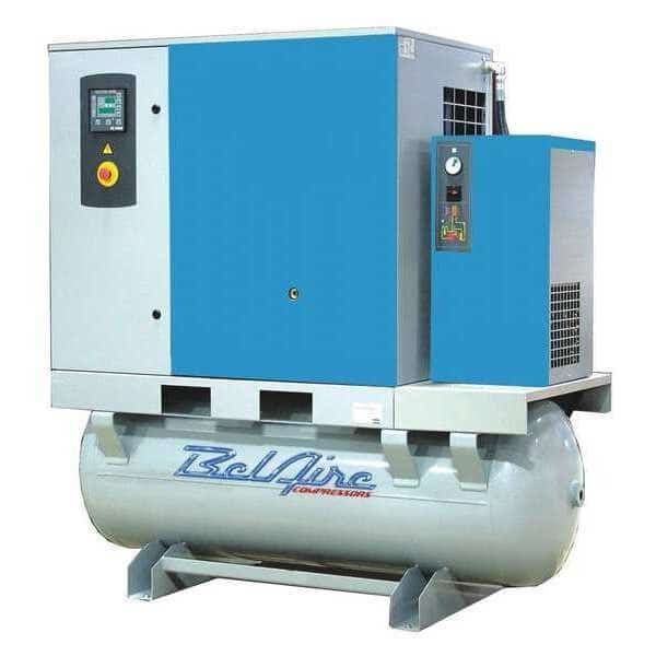 BelAire 20 HP 132 Gallon 125 PSI Screw Compressor w/Dryer, 62.7 CFM at MAX/125 PSI, 208-230/460V 3Ph, 63 dBA