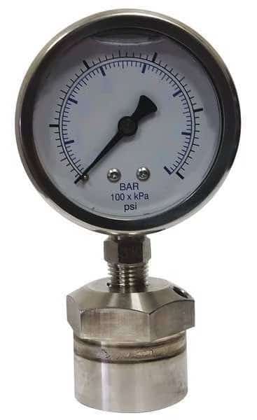 Pressure Gauge with Diaphragm Seal, 0 to 100 psi, 2 1/2 in Dial, 1/4 in NPT, Bottom Location