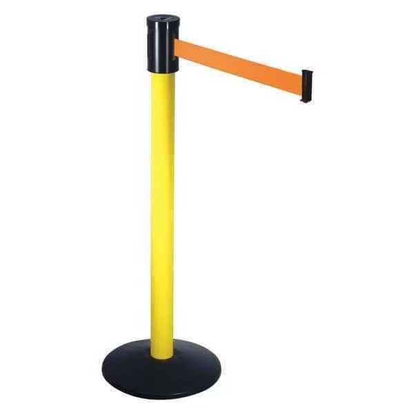 Barrier Post with Belt, Yellow, 15 ft Length, 40 in Post Height, No Legend, Yellow