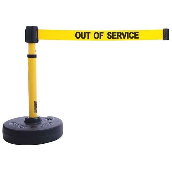 Barrier Post with Belt, Yellow, 15 ft Length, 22 in to 42 in Adjustable Post Height, Out of Service