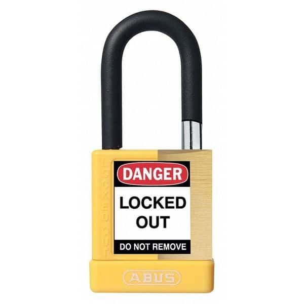 Keyed Padlock, Open, Rectangular Brass Body, Plastic Encased Hardened Steel Shackle, 3/4 in W, ABUS, Mfr# 20045