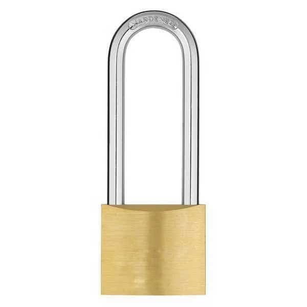 Padlock, Keyed Different, Long Shackle, Rectangular Brass Body, Hardened Steel Shackle, 1 1/2 in W