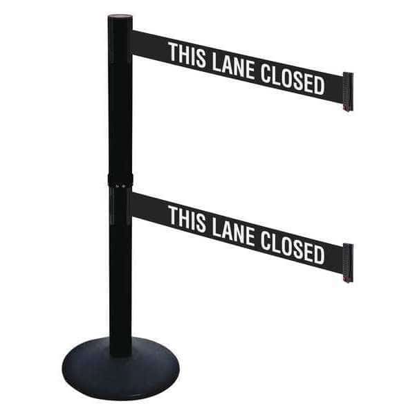 Barrier Post with Belt, Black, 10 ft Length, 40 in Post Height, This Lane Closed, Powder Coated