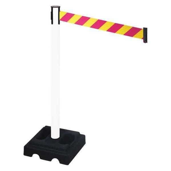 Barrier Post with Belt, White, 10 ft Length, 40 in Post Height, No Legend, White