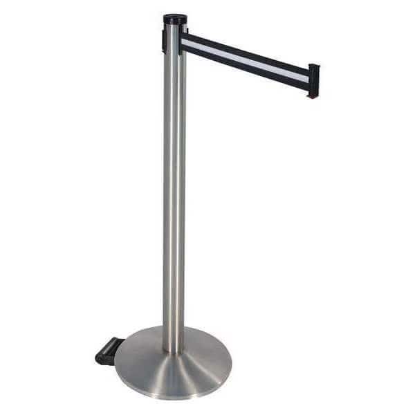 Barrier Post with Belt, Silver, 10 ft Length, 40 in Post Height, No Legend, Stainless steel